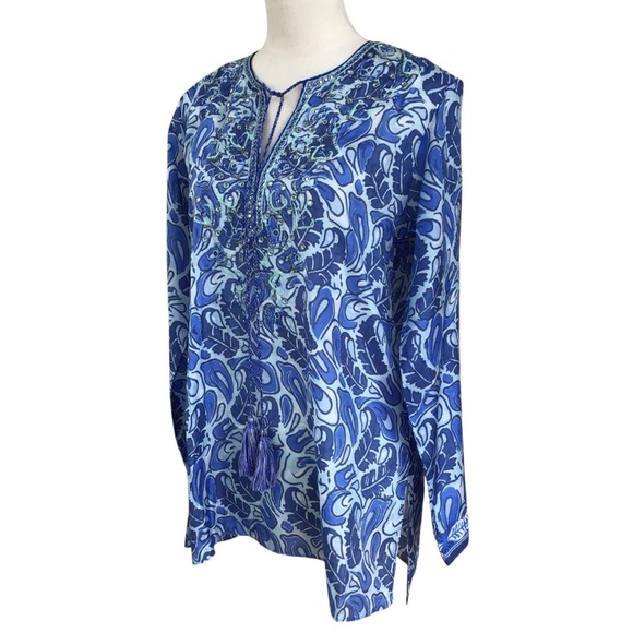 Bella Tu Abby Split- Neck Long Sleeve Tunic With Tassel Ties Beaded Trim… - Picture 14 of 16